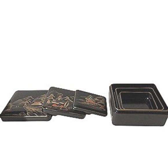 Vintage Lacquer Nesting Trinket Boxes Set Japanese Landscape Scene Black Gold - Picture 5 of 14